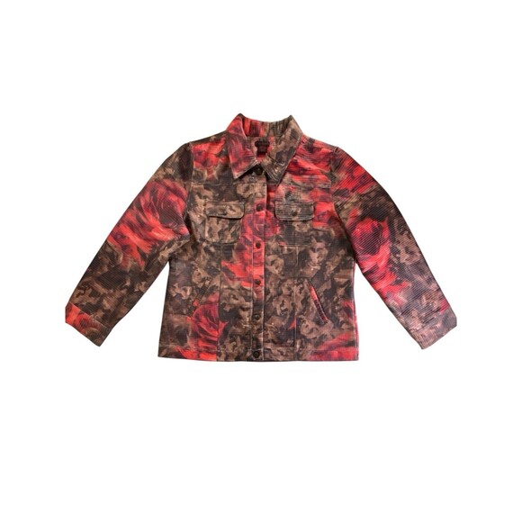 Sara Isabella Brown Red Floral Textured Squares Trucker Jacket Womens XL - Picture 8 of 10